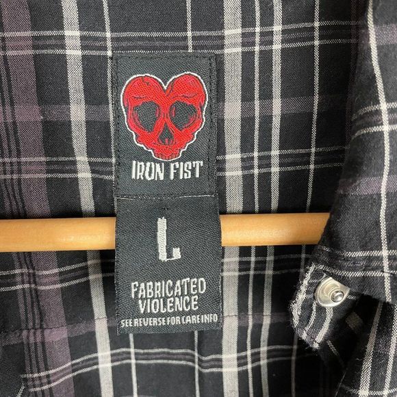 Iron Fist  Embroidered Brassknuckle Heartless Love  Snap Button Plaid Shirt Top - Picture 2 of 4
